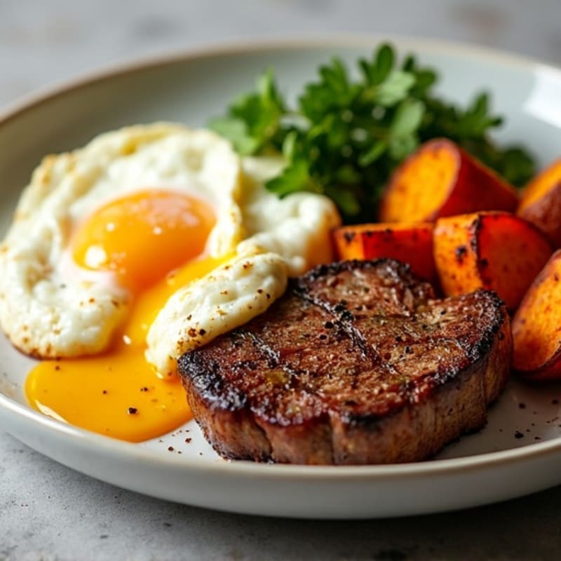 Pan-Seared Steak with Scrambled Eggs and Roasted Sweet Potatoes