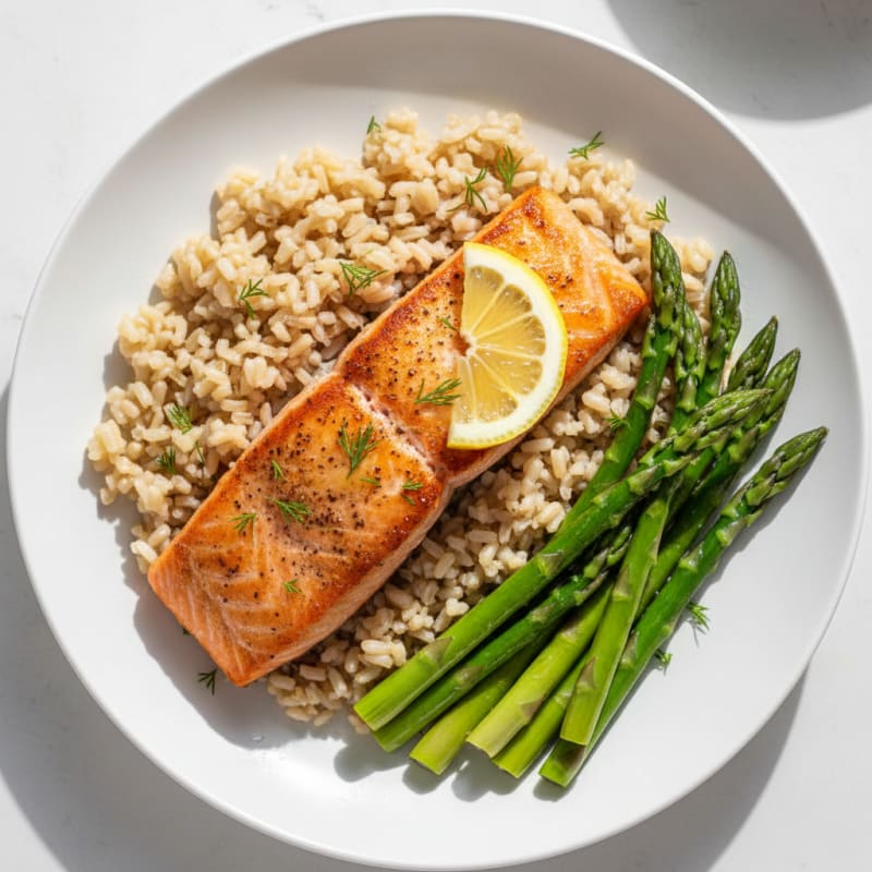 Seared Salmon Fillet with Steamed Asparagus and Brown Rice