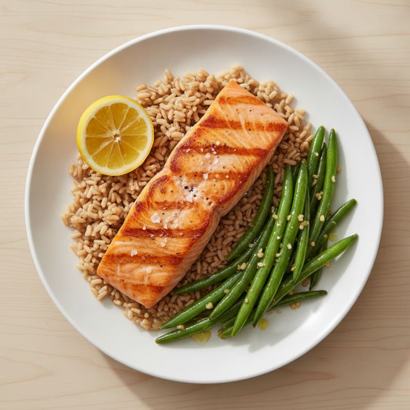 Seared Salmon Fillet with Garlic Green Beans and Brown Rice