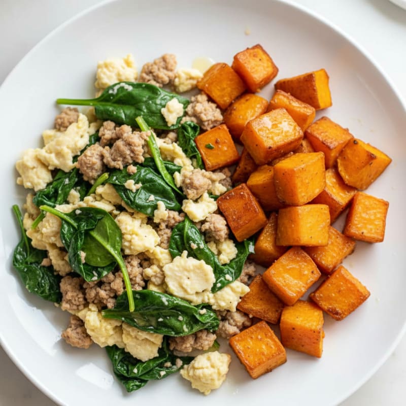 Egg White and Turkey Spinach Scramble with Roasted Sweet Potatoes