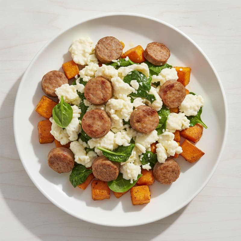 Egg White and Turkey Sausage Scramble with Roasted Sweet Potatoes
