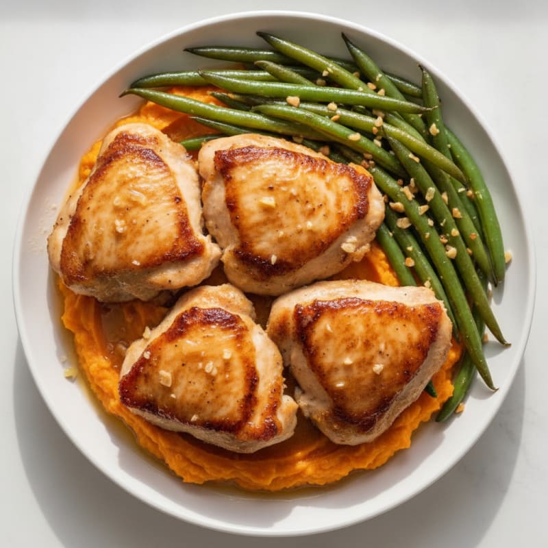 Seared Chicken Thighs with Garlic Green Beans and Sweet Potato Mash