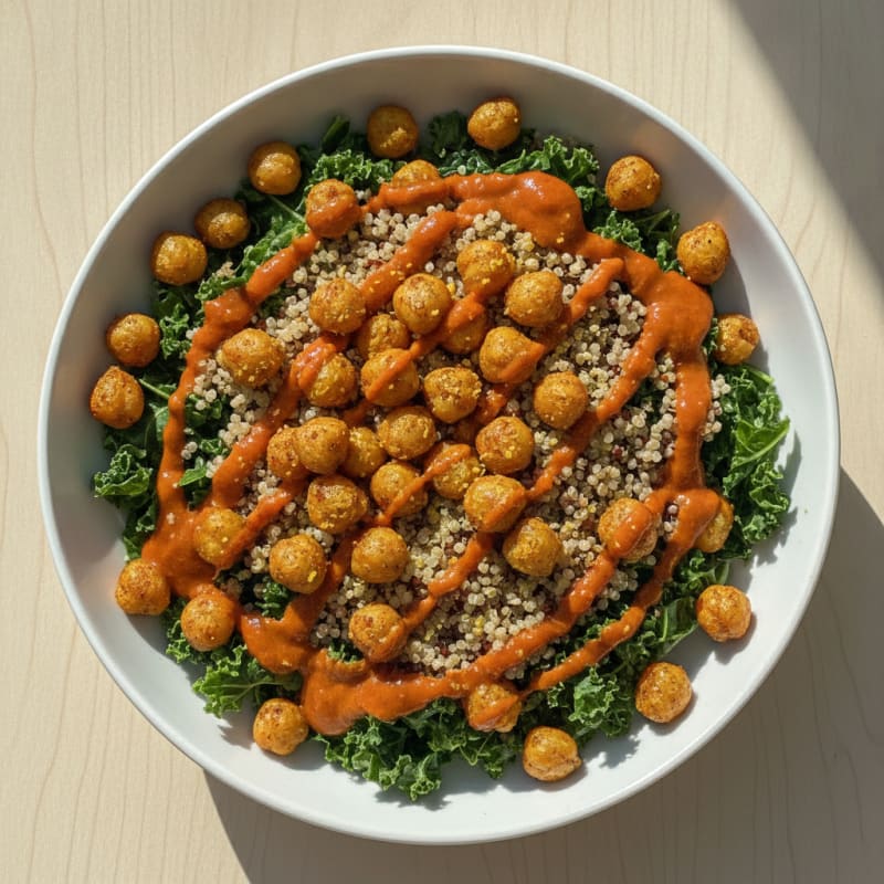 Crispy Chickpea and Quinoa Power Bowl with Roasted Red Pepper Yogurt Sauce