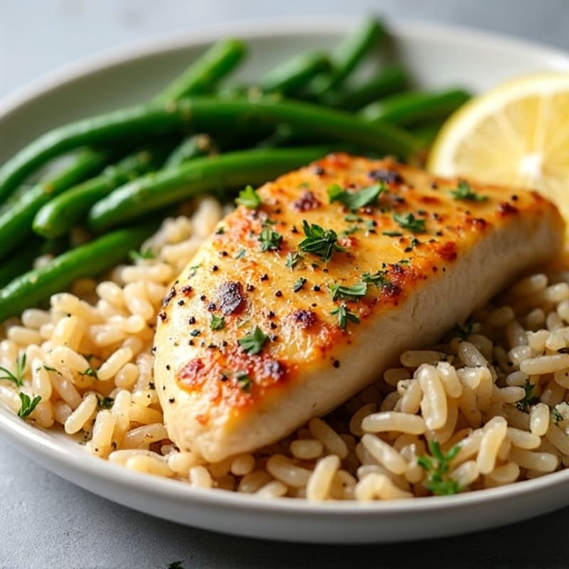 Lemon Herb Chicken with Fluffy Brown Rice and Roasted Green Beans