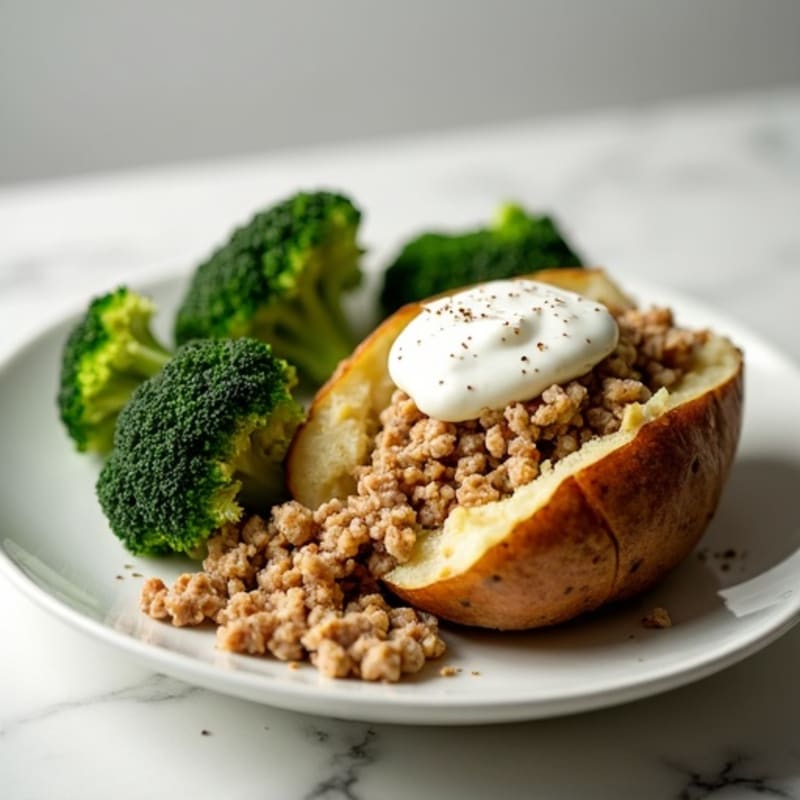 Hearty Baked Potato with Lean Ground Turkey, Roasted Broccoli, and Creamy Greek Yogurt