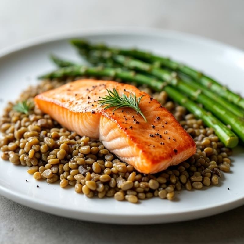 Seared Salmon with Steamed Asparagus and Lentil Pilaf