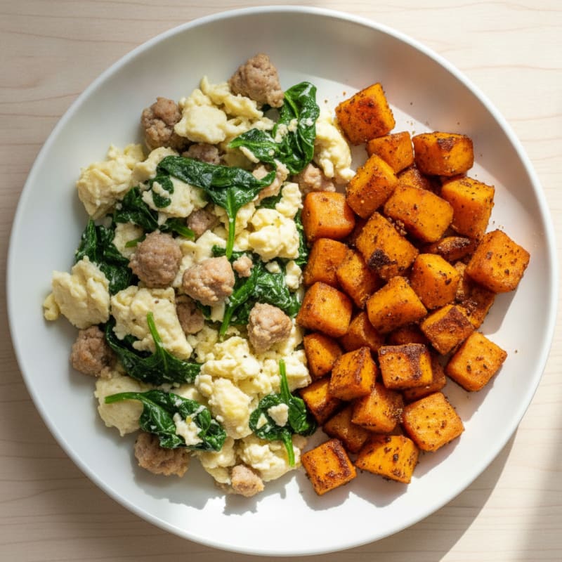 Egg White and Turkey Sausage Scramble with Spinach and Roasted Sweet Potatoes