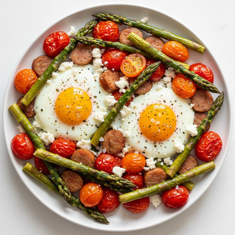 Baked Eggs with Roasted Asparagus and Tomatoes