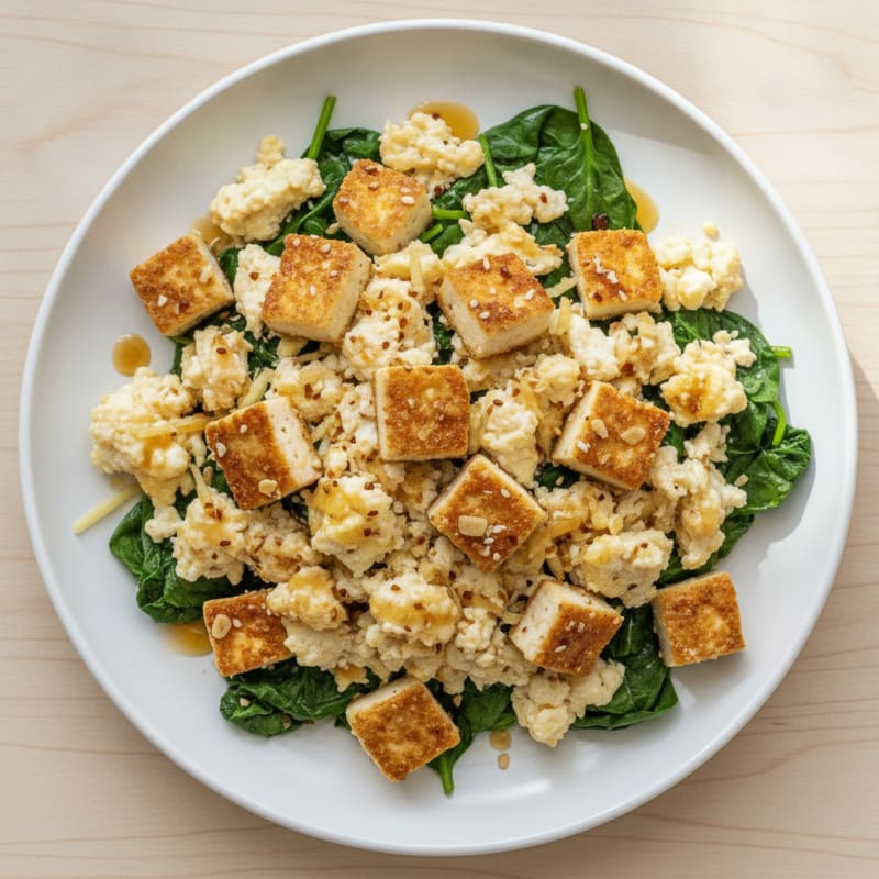 Egg White Scramble with Crispy Tofu and Sautéed Spinach