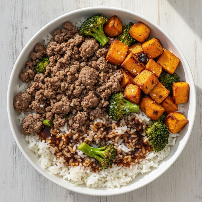 Ground Beef and Roasted Sweet Potato Bowl