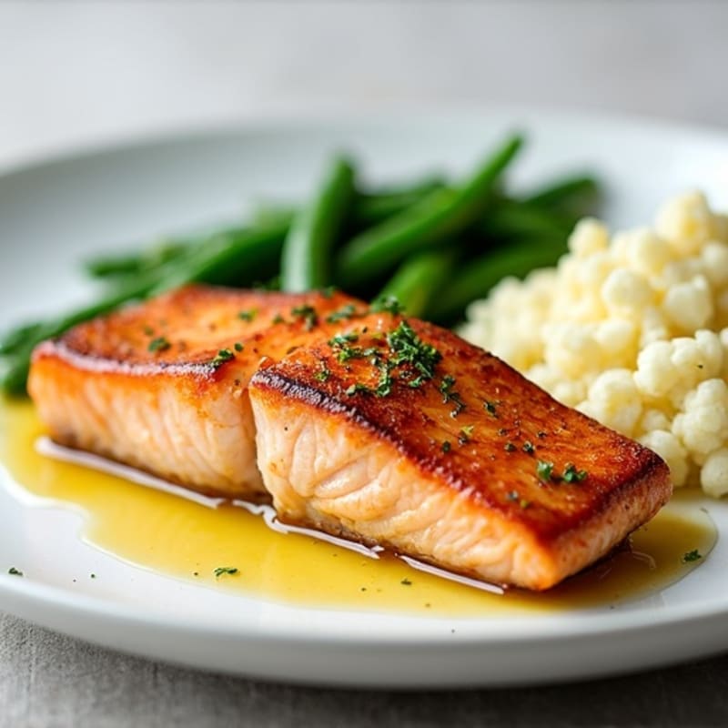 Seared Salmon with Garlic Green Beans and Cauliflower Mash