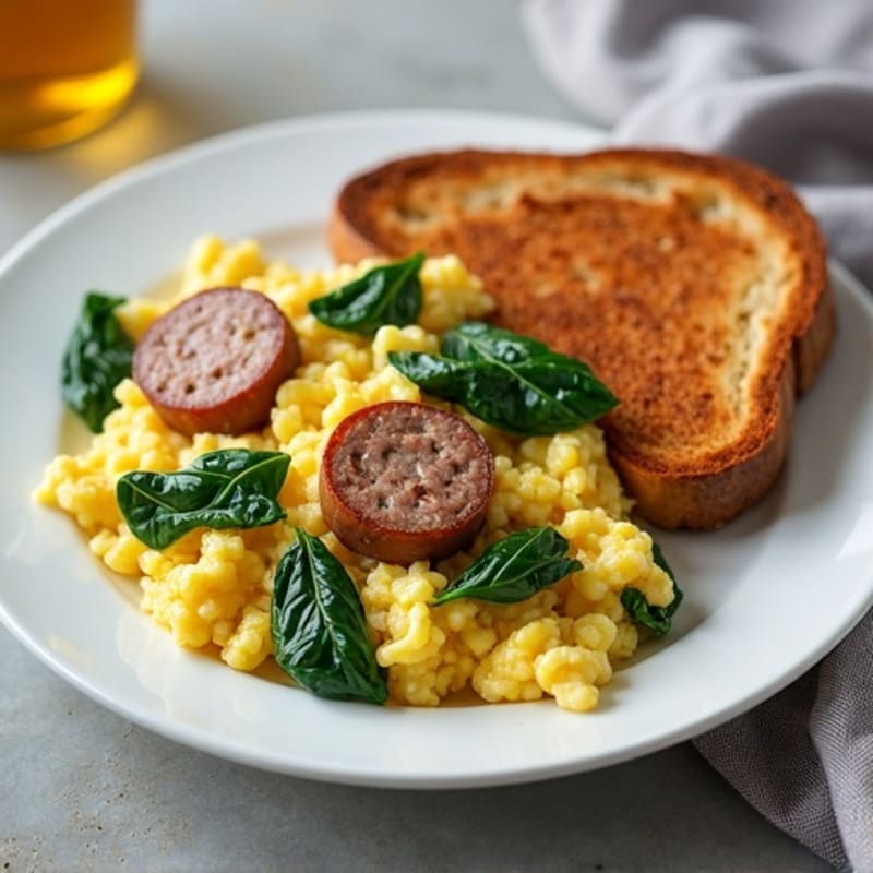 Egg White and Turkey Sausage Scramble with Sautéed Spinach