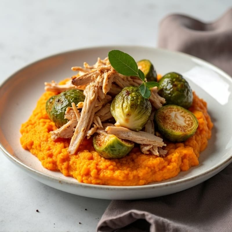 Shredded Chicken and Crispy Roasted Brussels Sprouts with Sweet Potato Mash