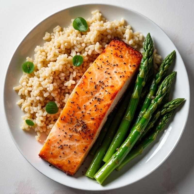 Seared Salmon Fillet with Steamed Asparagus and Brown Rice