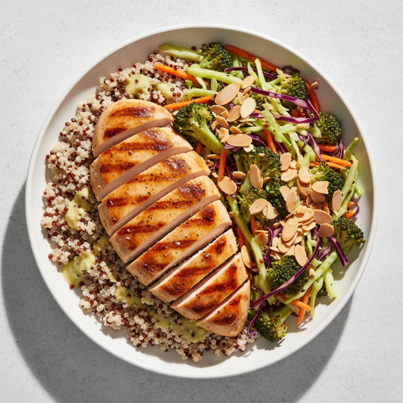Grilled Chicken Breast with Quinoa and Crunchy Broccoli Slaw