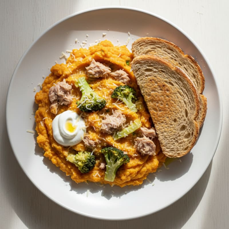 Tuna and Sweet Potato Mash with Steamed Broccoli and Wholemeal Bread