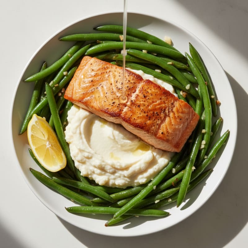 Seared Salmon with Garlic Green Beans and Cauliflower Mash