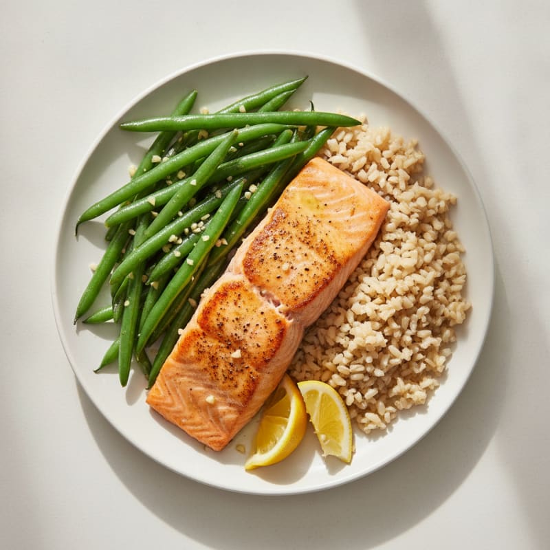 Seared Salmon with Garlic Green Beans and Brown Rice