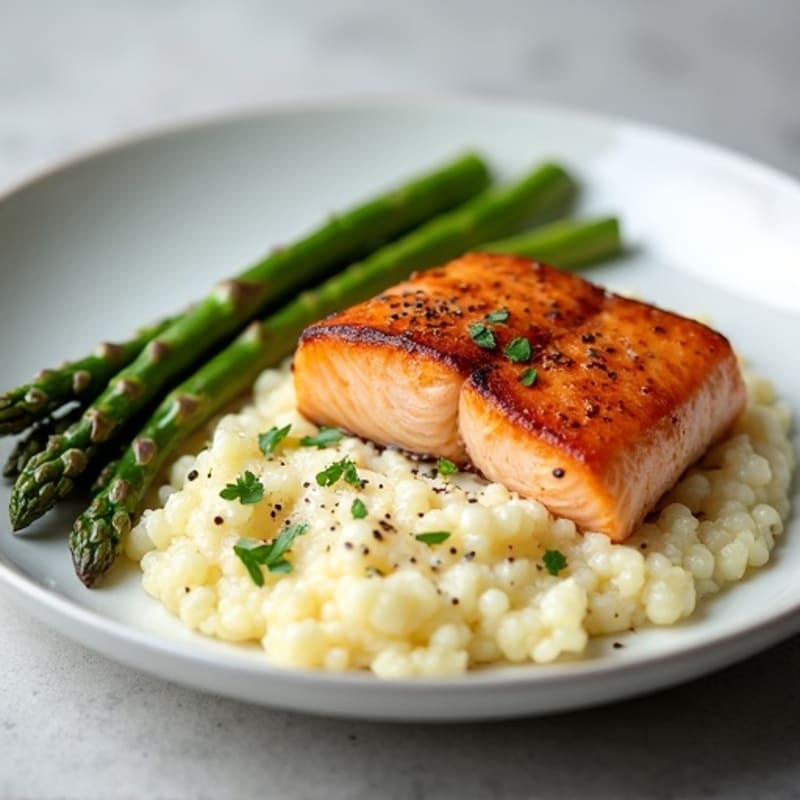 Seared Salmon with Steamed Asparagus and Cauliflower Mash
