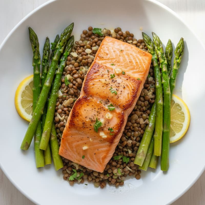 Seared Salmon with Lemon-Garlic Asparagus and Lentil Pilaf