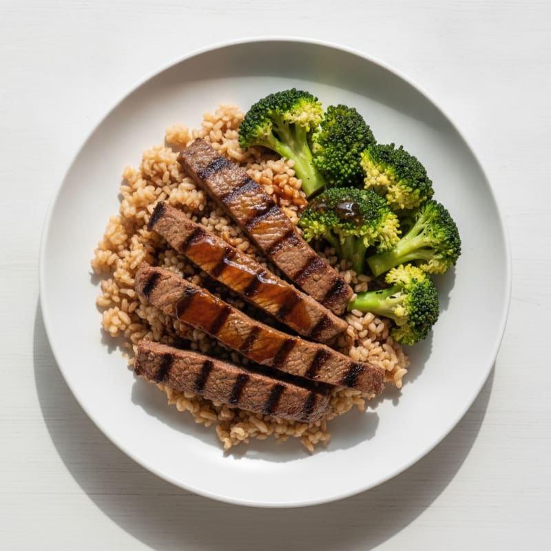Grilled Beef Strips with Steamed Broccoli and Brown Rice
