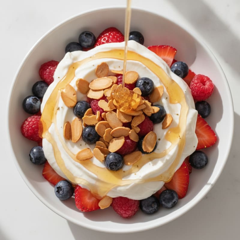 Greek Yogurt Protein Parfait with Mixed Berries and Almonds