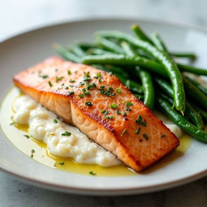 Seared Salmon with Garlic Green Beans and Cauliflower Mash