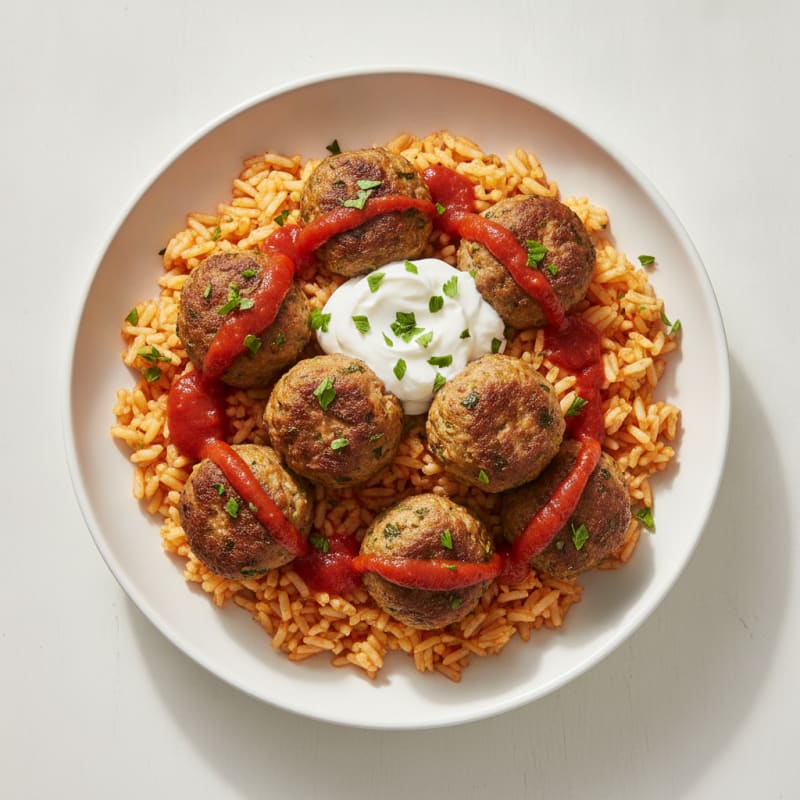 Herb-Baked Mince Meatballs with Tomato Rice