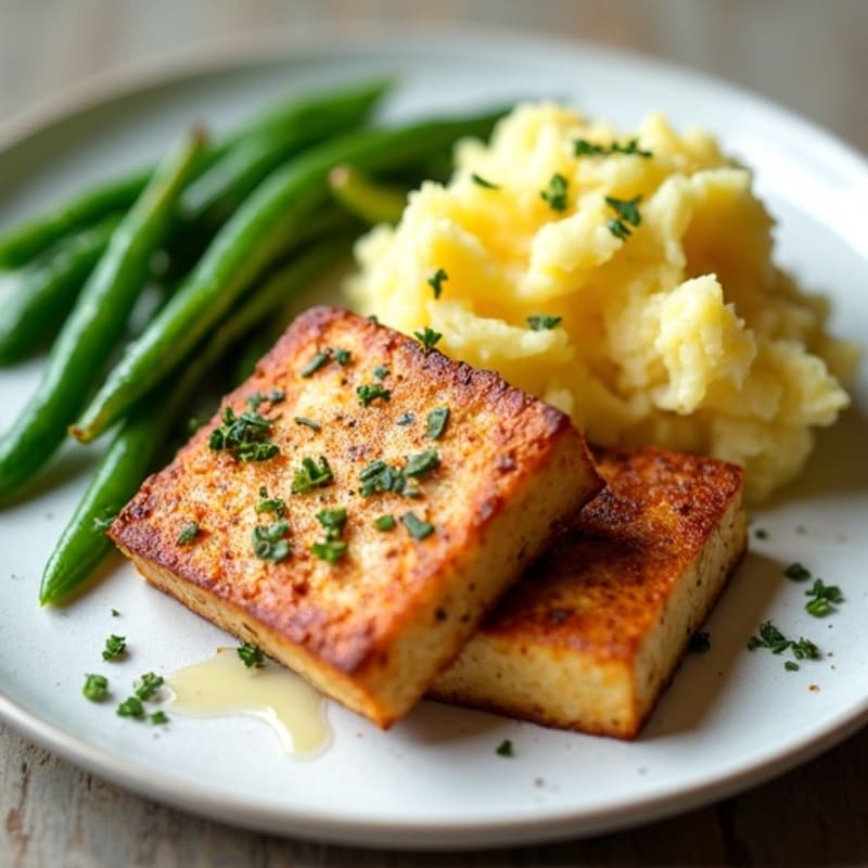 Herb-Seared Tofu Steaks with Garlic Mashed Potatoes and Green Beans
