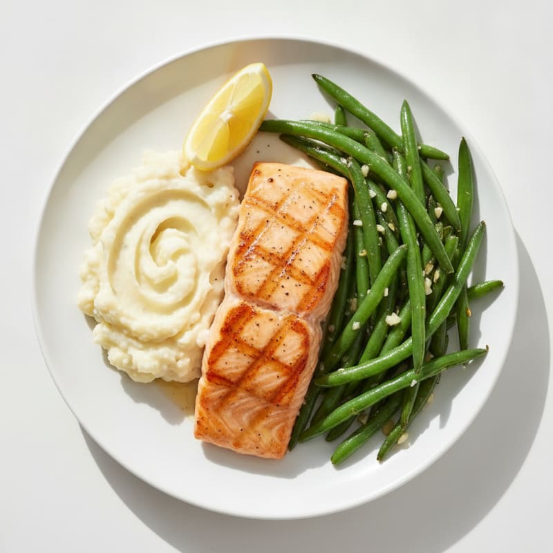 Seared Salmon with Garlic Green Beans and Mashed Cauliflower