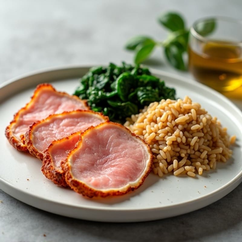 Crispy Pan-Seared Turkey Ham with Savory Brown Rice and Wilted Spinach