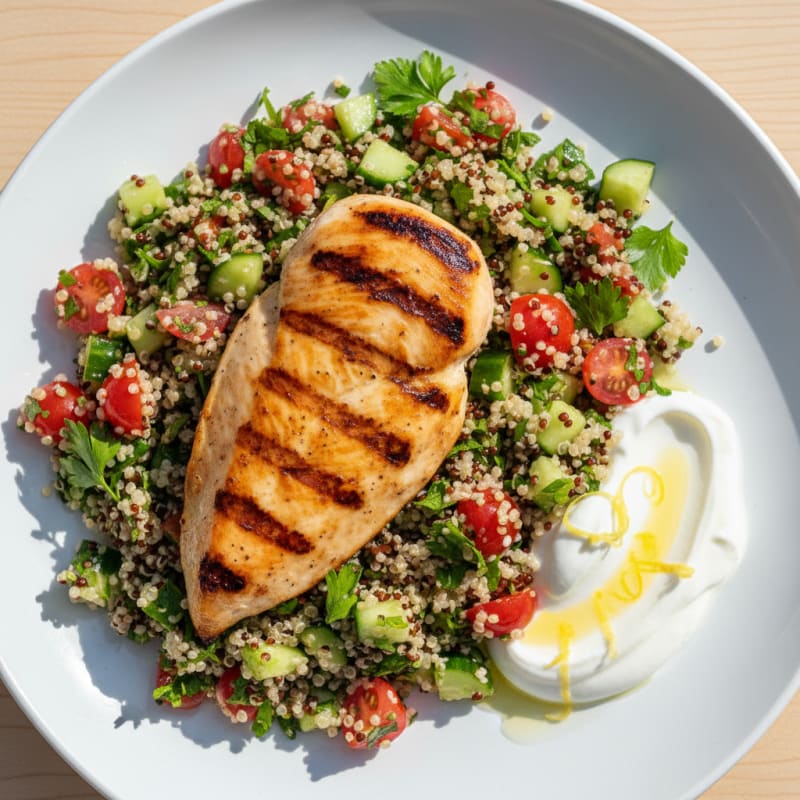 Grilled Chicken Breast with Quinoa Tabbouleh and Lemon Yogurt