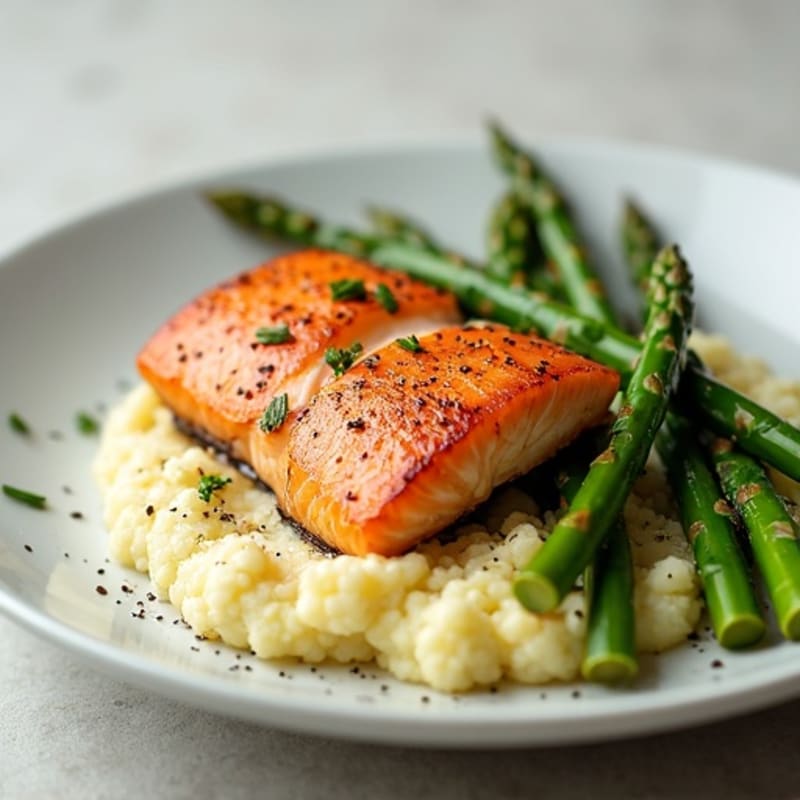Seared Salmon with Steamed Asparagus and Cauliflower Mash