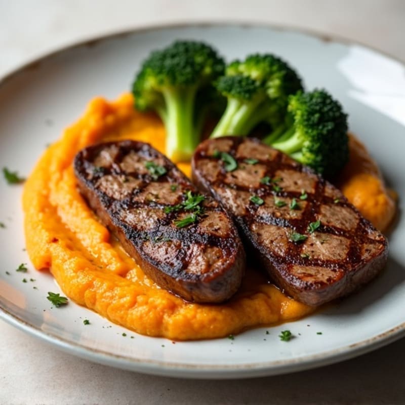 Seared Beef Strips with Roasted Broccoli and Sweet Potato Mash