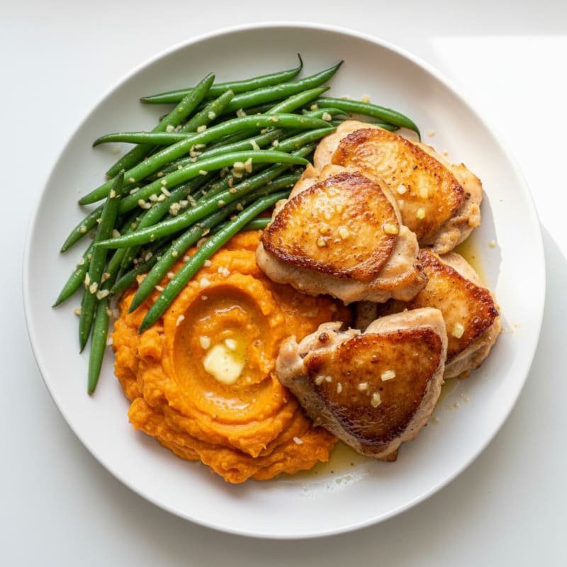 Seared Chicken Thighs with Garlic Green Beans and Sweet Potato Mash
