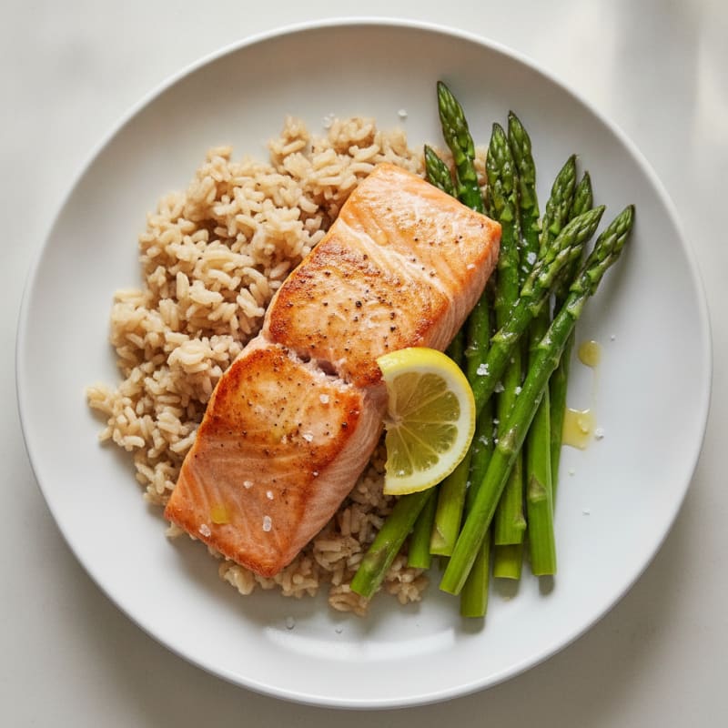 Seared Salmon Fillet with Steamed Asparagus and Brown Rice