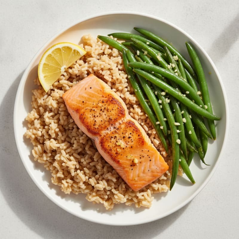 Seared Salmon Filet with Garlic Green Beans and Brown Rice