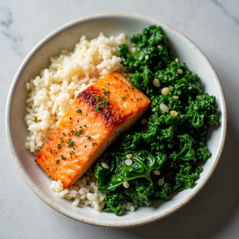 Seared Salmon with Garlic Kale and Jasmine Rice