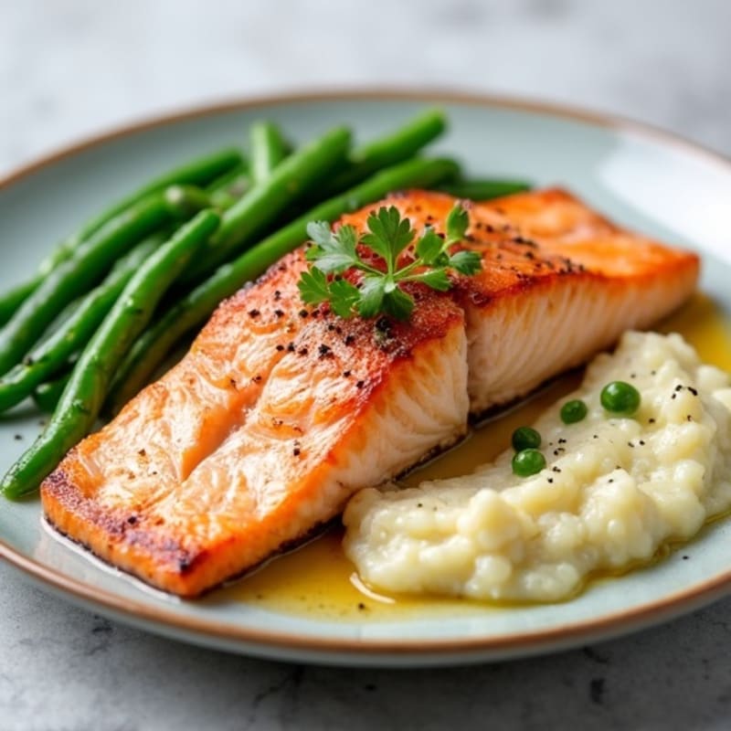 Seared Salmon with Garlic Green Beans and Cauliflower Mash