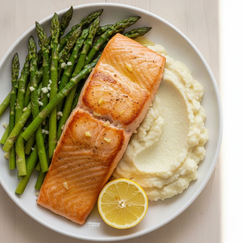 Seared Salmon Fillet with Roasted Asparagus and Cauliflower Mash