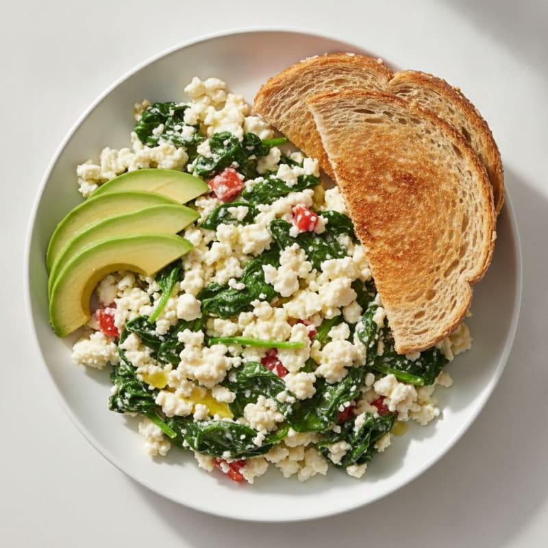 Egg White Veggie Scramble with Cottage Cheese and Sautéed Spinach