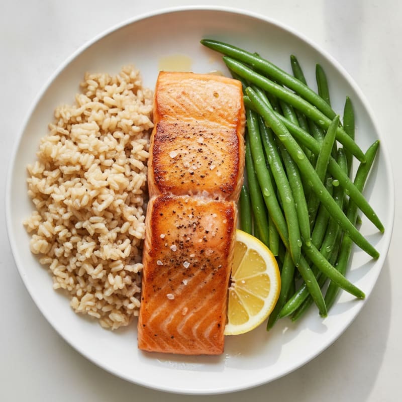 Seared Salmon with Steamed Green Beans and Brown Rice