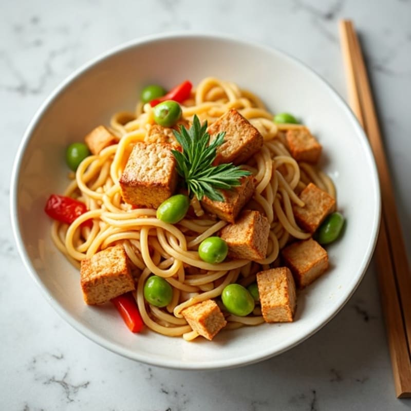 Creamy Peanut Ginger Rice Noodles with Crispy Tofu
