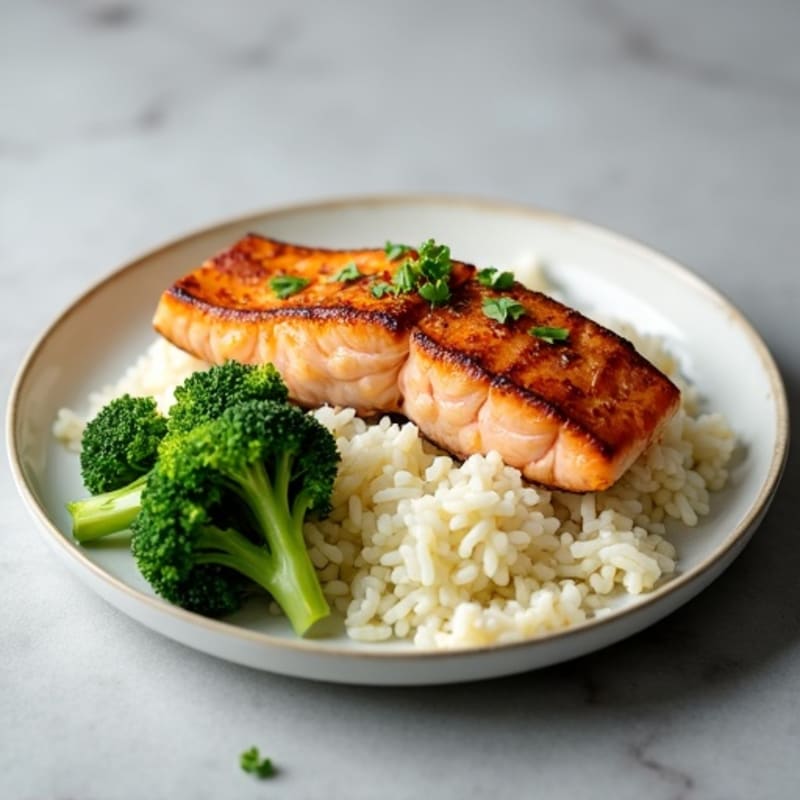 Seared Salmon with Creamy Garlic Rice and Steamed Broccoli