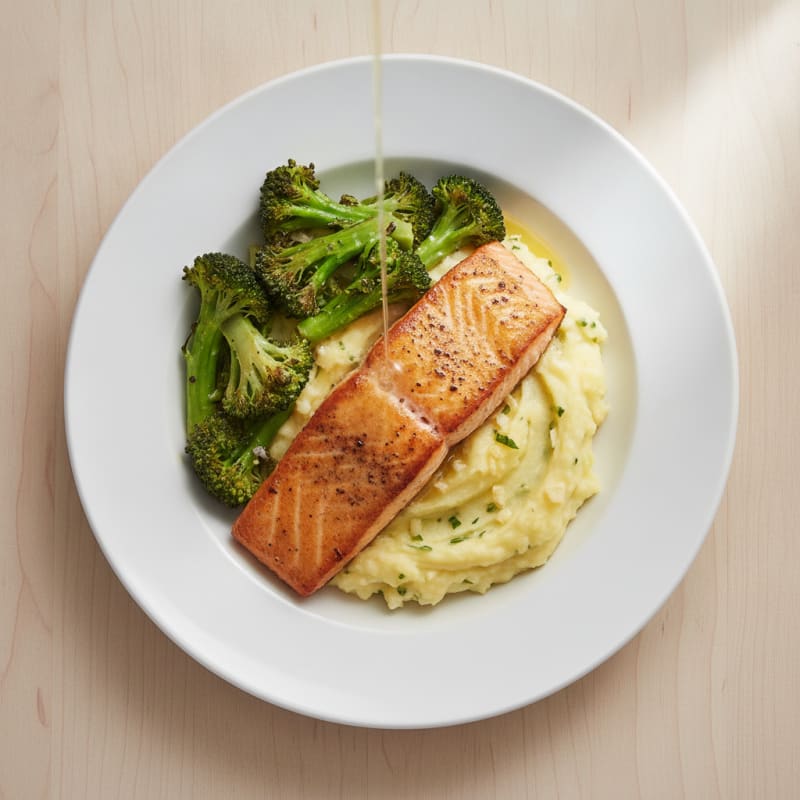 Seared Salmon with Sautéed Broccoli and Garlic Mashed Potatoes