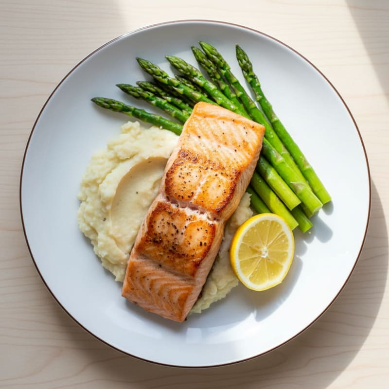 Seared Salmon with Steamed Asparagus and Garlic Cauliflower Mash