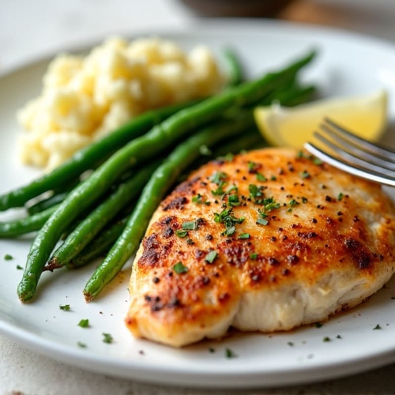 Seared Chicken Breast with Garlic Green Beans and Mashed Cauliflower