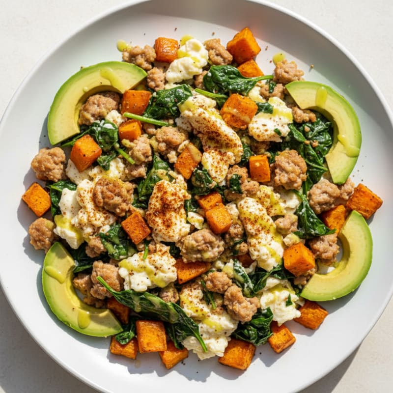 Egg White and Turkey Sausage Scramble with Sautéed Spinach and Sweet Potato