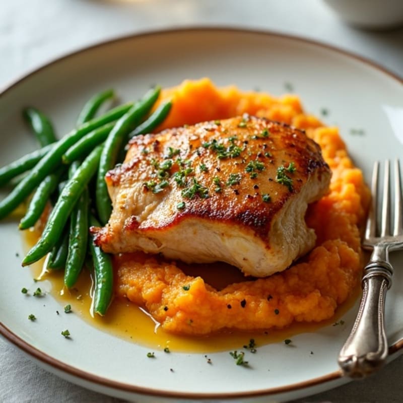 Oven-Baked Chicken Thighs with Garlic Green Beans and Sweet Potato Mash
