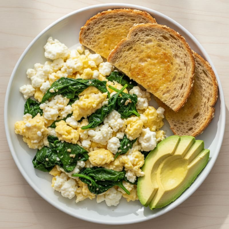 Fluffy Cottage Cheese Scramble with Sautéed Spinach and Toast